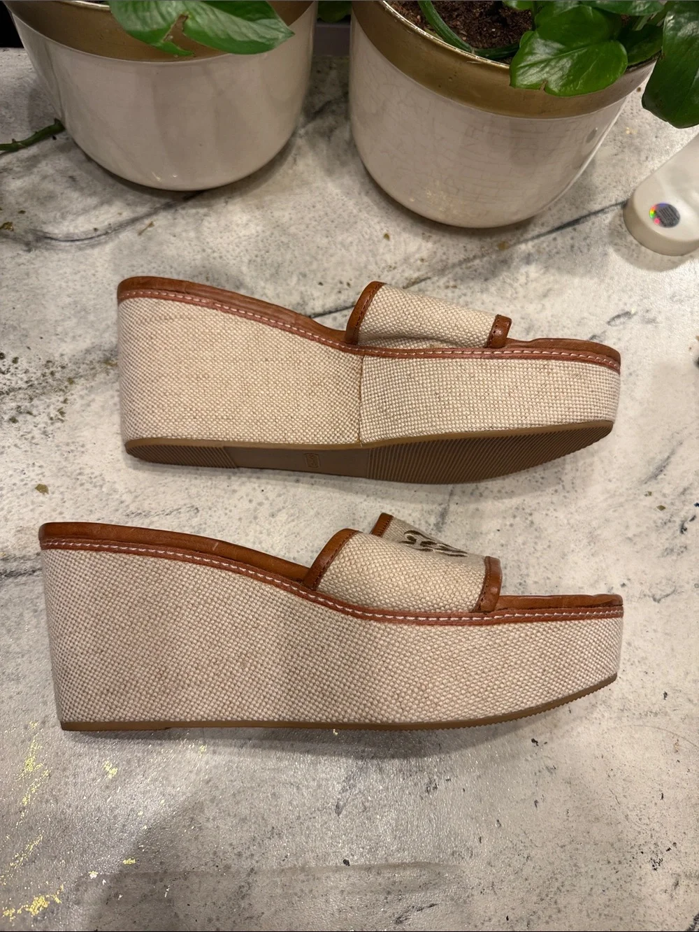 Coach Women’s Tan Leather & Canvas Slide Wedges - Natural/Tan size 10